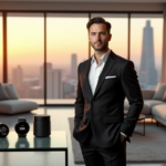 "Max Zypher stands confidently in a modern living room, surrounded by cutting-edge smart home devices and gadgets."