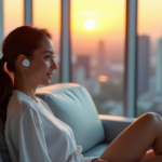"A young woman sits comfortably on a sleek couch, surrounded by cutting-edge health monitoring data and wellness recommendations, embracing technology amidst a serene cityscape at sunset."