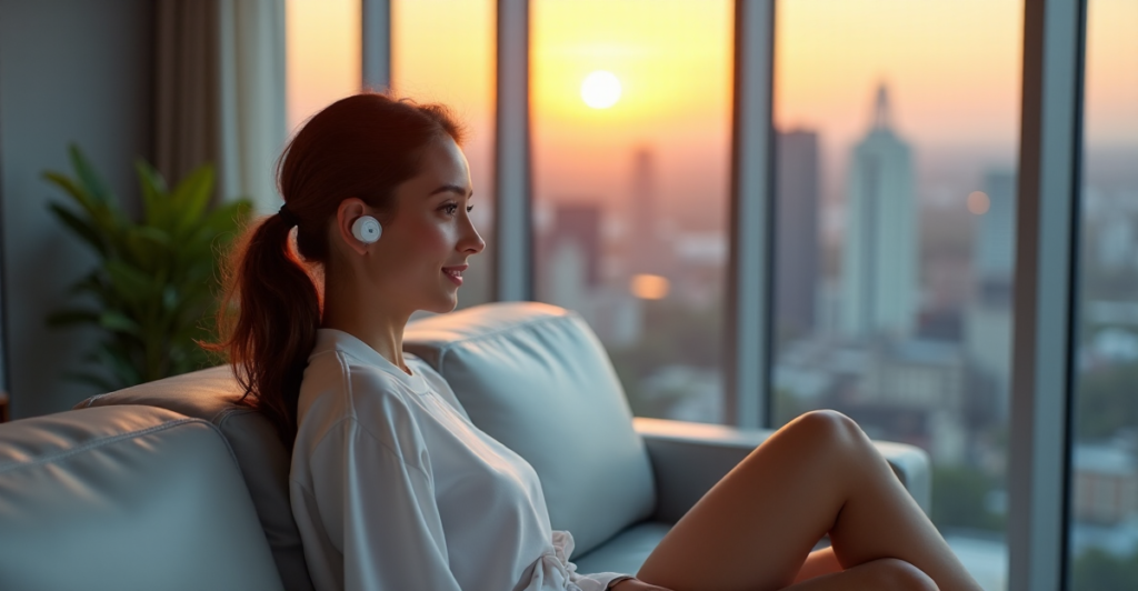 "A young woman sits comfortably on a sleek couch, surrounded by cutting-edge health monitoring data and wellness recommendations, embracing technology amidst a serene cityscape at sunset."