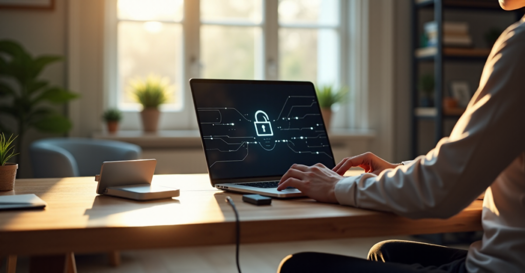 "A remote worker sits calmly in a home office with a clutter-free desk featuring a laptop open to a blockchain-based cryptocurrency wallet, surrounded by security devices and natural light."