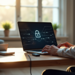 "A remote worker sits calmly in a home office with a clutter-free desk featuring a laptop open to a blockchain-based cryptocurrency wallet, surrounded by security devices and natural light."