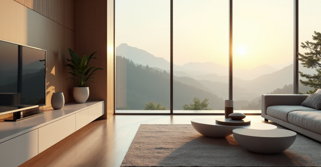 A futuristic smart home living room with minimalist high-tech aesthetic, featuring cutting-edge devices and seamless AI automation, showcasing top 5G connectivity gadgets 2025 in a serene misty morning landscape.