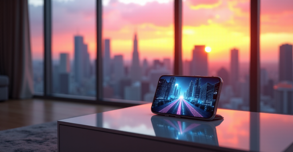 "A sleek silver smartphone with a curved screen sits on a glass coffee table in a modern living room, displaying a futuristic cityscape video, next to an Amazon Echo device, amidst a warm sunset city view."