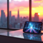 "A sleek silver smartphone with a curved screen sits on a glass coffee table in a modern living room, displaying a futuristic cityscape video, next to an Amazon Echo device, amidst a warm sunset city view."