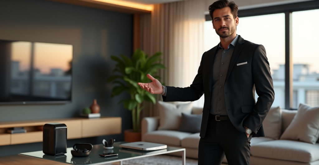 "Max Zypher standing confidently in front of a modern smart home setup, showcasing cutting-edge 5G gadgets and innovations."