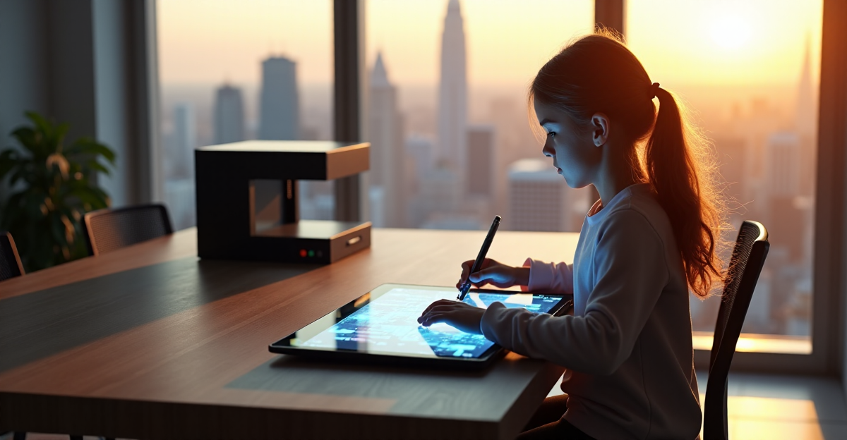 A young girl sits at a minimalist desk surrounded by cutting-edge educational tools, intently focused on an interactive lesson plan unfolding on her tablet, with vibrant colors and real-time data visualizations.