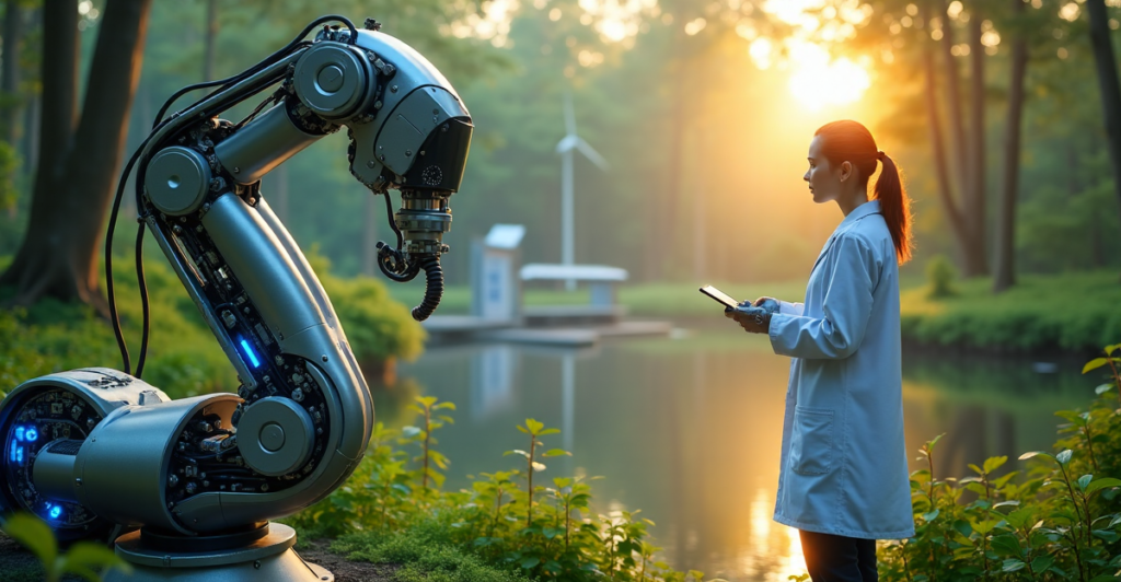 "A young female scientist stands proudly beside a sleek robotic arm in an eco-friendly research facility amidst a lush forest with a serene lake."