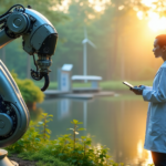 "A young female scientist stands proudly beside a sleek robotic arm in an eco-friendly research facility amidst a lush forest with a serene lake."