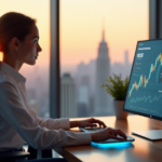 A young woman sits at a wooden desk surrounded by modern technology, focusing on a large touchscreen display showing real-time data analytics and cryptocurrency trends amidst a minimalist office space with cityscape views.