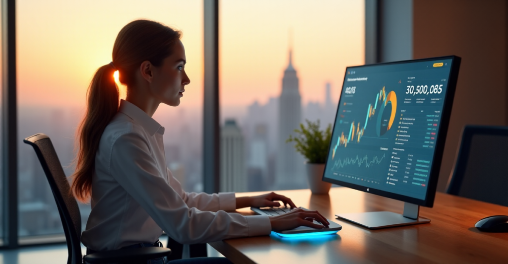 A young woman sits at a wooden desk surrounded by modern technology, focusing on a large touchscreen display showing real-time data analytics and cryptocurrency trends amidst a minimalist office space with cityscape views.