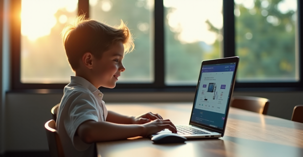 "A young student sits at a modern desk, engaged with an educational software interface on their laptop, surrounded by natural light and warm tones."