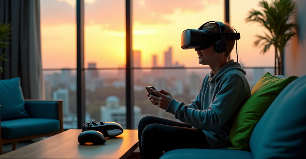 "A young gamer sits comfortably on a dark blue couch surrounded by gaming PCs, consoles, and VR headsets, immersed in an AI-powered experience with top 5G connectivity gadgets nearby."