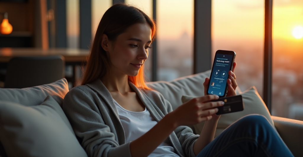 "A young woman sits on an industrial couch, using a blockchain app on her smartphone while holding a smart wallet containing cryptocurrency cards and data storage."