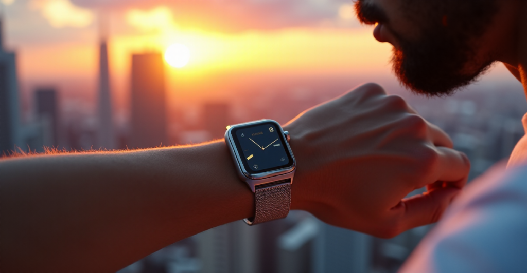 "Image of a futuristic smartwatch on an athletic wrist surrounded by cutting-edge 5G gadgets and AI-powered innovations in a dynamic cityscape at sunset."