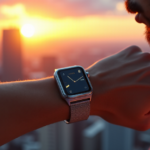 "Image of a futuristic smartwatch on an athletic wrist surrounded by cutting-edge 5G gadgets and AI-powered innovations in a dynamic cityscape at sunset."
