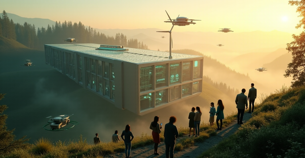 "A sleek, silver-green data center building amidst a misty forest landscape at dawn, featuring solar panels, wind turbines, AI-powered robots, drones, and a 5G network hub."