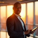 Max Zypher's Ultimate Guide to Boosting Office Efficiency with Smart 5G Gadgets and AI Automation A business professional stands confidently in a modern office with cutting-edge technology, surrounded by cityscape at sunrise, highlighting top 5G connectivity gadgets of 2025.