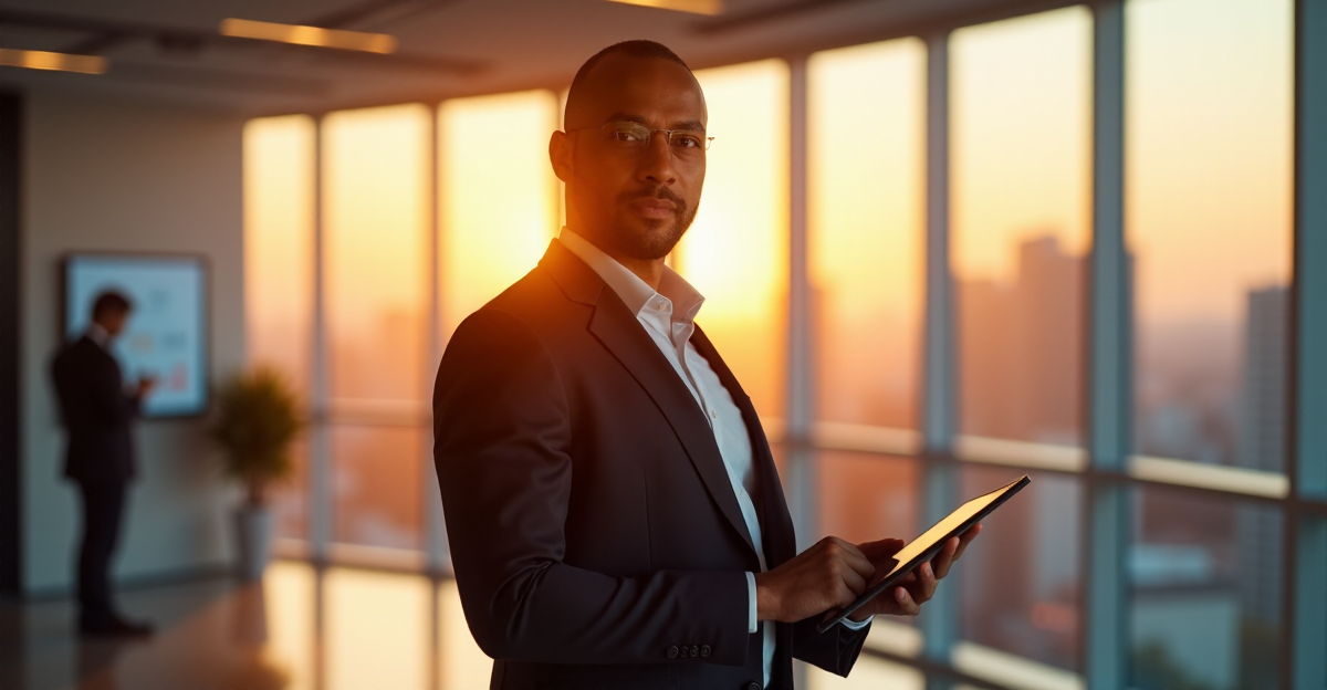 A business professional stands confidently in a modern office with cutting-edge technology, surrounded by cityscape at sunrise, highlighting top 5G connectivity gadgets of 2025.