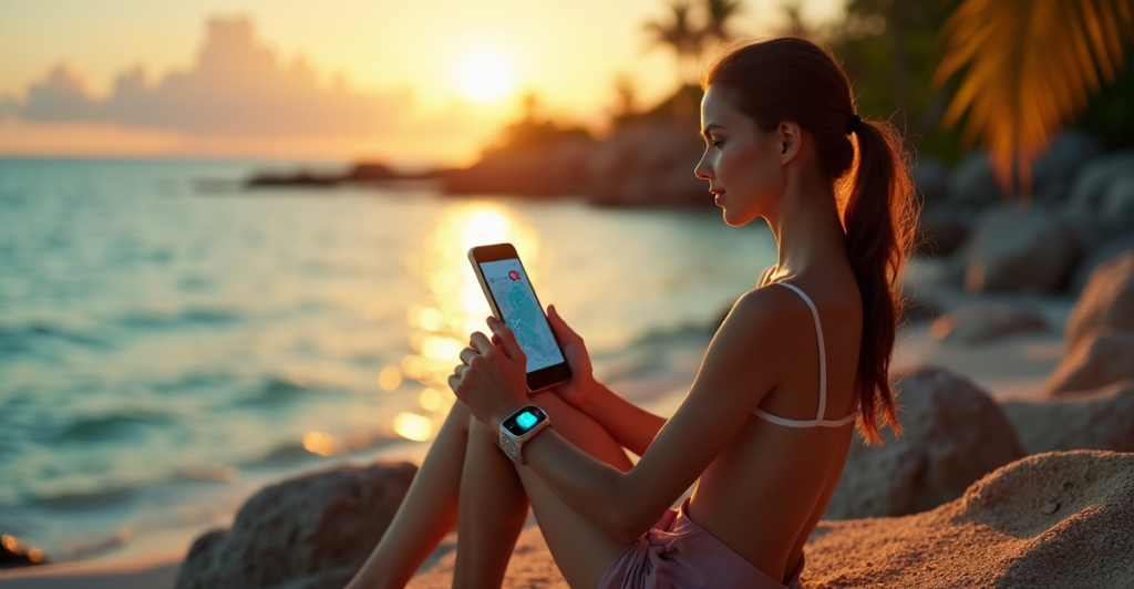 "A young woman relaxes on a rocky beach at sunset, surrounded by palm trees, with her feet in turquoise water, smartphone, and smartwatch nearby, showcasing cutting-edge mobile travel gadgets."
