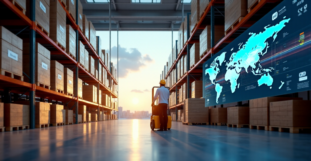 "A sleek silver logistics warehouse illuminated by golden hour light, showcasing cutting-edge 5G-enabled technology and efficient supply chain management."