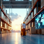 "A sleek silver logistics warehouse illuminated by golden hour light, showcasing cutting-edge 5G-enabled technology and efficient supply chain management."