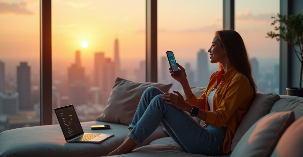 "A young woman sits on a modern couch, surrounded by cutting-edge tech gadgets, smiling as she holds a sleek tablet and gestures towards the cityscape outside through floor-to-ceiling windows."
