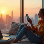 "Unlock Blockchain Basics: Mastering Budget-Friendly Decentralized Applications with Seamless 5G Connectivity" "A young woman sits on a modern couch, surrounded by cutting-edge tech gadgets, smiling as she holds a sleek tablet and gestures towards the cityscape outside through floor-to-ceiling windows."