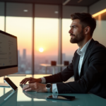 Maximize Office Efficiency with Smart 5G Gadgets and AI Automation "An executive sits confidently behind a glass desk in a modern office space, surrounded by cutting-edge gadgets and AI-powered tools."