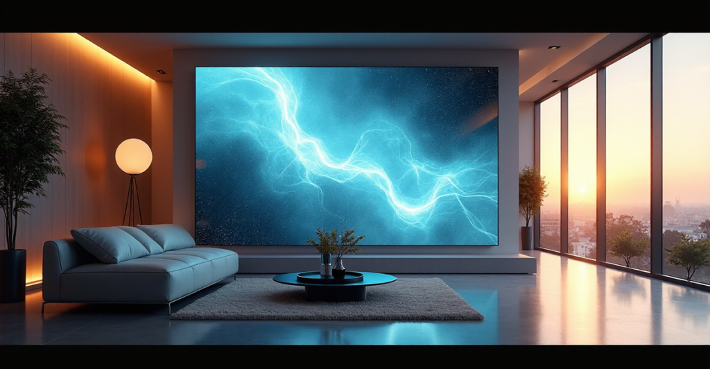 "A modern living room with a floor-to-ceiling LED display showcasing a smart home system's automated systems and connected devices in real-time, highlighting top 5G connectivity gadgets 2025."