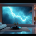 "A modern living room with a floor-to-ceiling LED display showcasing a smart home system's automated systems and connected devices in real-time, highlighting top 5G connectivity gadgets 2025."