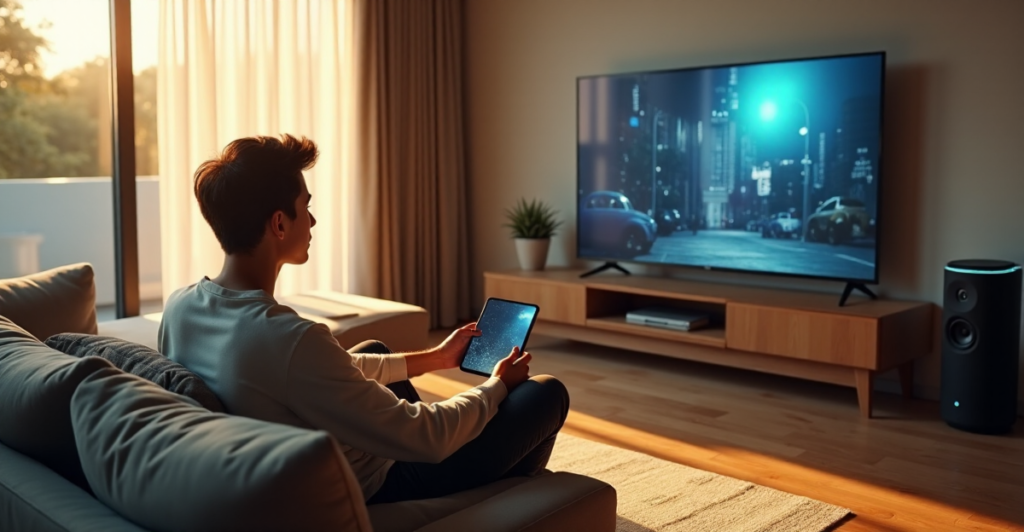 "A young adult sits calmly on a couch amidst cutting-edge gadgets, surrounded by a smart TV, wireless smartphone charger, and ambient smart speaker in a serene living room setting."