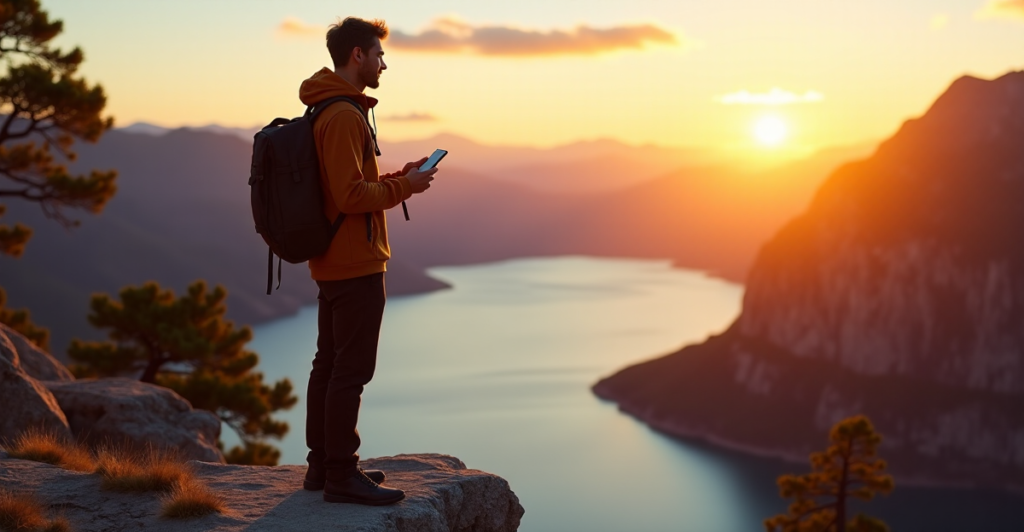 "A young traveler stands confidently on a scenic cliff overlooking a serene lake at sunset, showcasing top mobile travel gadgets with 5G connectivity."