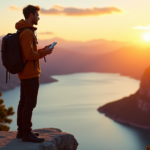 "Max Zypher's Top Picks for Smarter Journeys with Top Mobile Travel Gadgets and 5G Connectivity" "A young traveler stands confidently on a scenic cliff overlooking a serene lake at sunset, showcasing top mobile travel gadgets with 5G connectivity."