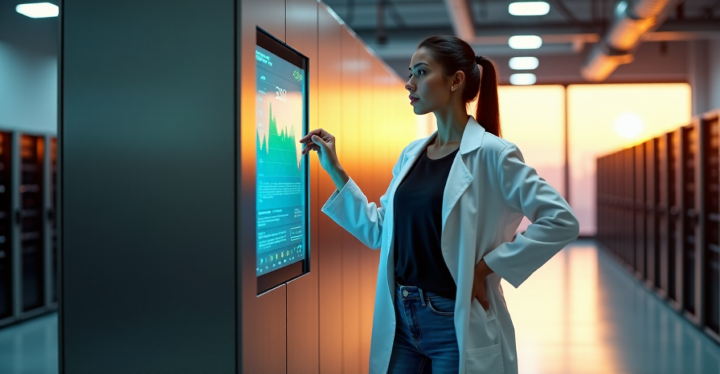 "A young woman in a lab coat stands confidently beside a sleek blockchain server, gesturing towards a graph illustrating budget-friendly scalability solutions."