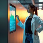 "A young woman in a lab coat stands confidently beside a sleek blockchain server, gesturing towards a graph illustrating budget-friendly scalability solutions."