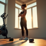 "A young woman stands confidently in a minimalist home gym surrounded by health and fitness tech gadgets, including a smartwatch and exercise bike, with natural light pouring in through large windows."