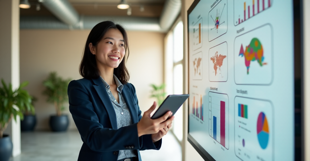 A young woman stands confidently in front of a modern whiteboard displaying educational technologies, holding a tablet with an interactive app, surrounded by industrial-chic interior design elements and natural light.