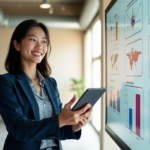 A young woman stands confidently in front of a modern whiteboard displaying educational technologies, holding a tablet with an interactive app, surrounded by industrial-chic interior design elements and natural light.