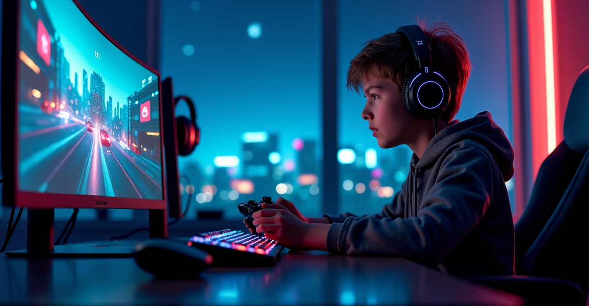 A young gamer intensely focused on a high-tech gaming setup in a futuristic room with a starry night sky view, surrounded by advanced gaming peripherals and gadgets, including top 5G connectivity devices that redefine immersion.