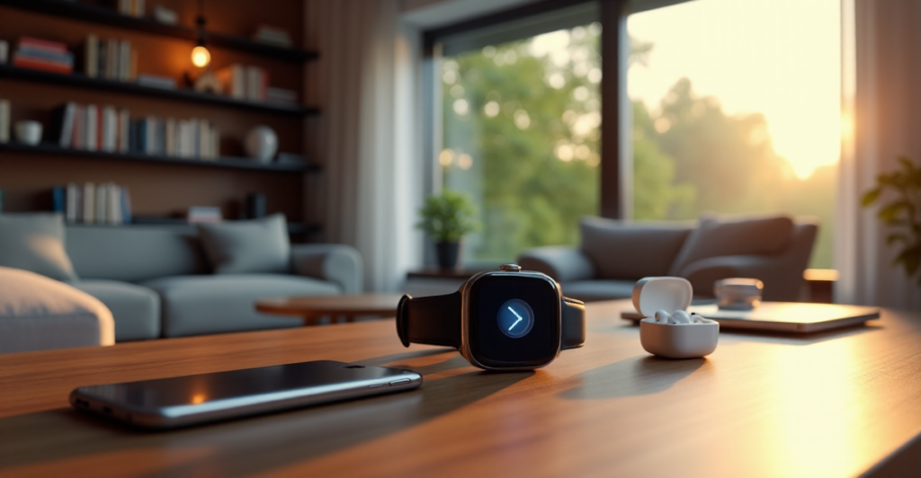 "A sleek silver smartwatch on a minimalist wooden desk surrounded by cutting-edge gadgets, evoking futuristic optimism."