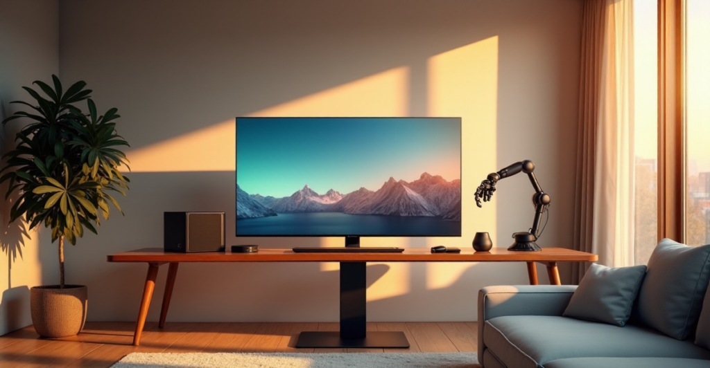 "A modern living room featuring a sleek desk with cutting-edge 5G gadgets and AI automation devices, surrounded by warm golden hour lighting."
