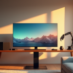 "A modern living room featuring a sleek desk with cutting-edge 5G gadgets and AI automation devices, surrounded by warm golden hour lighting."