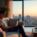 "A young adult relaxes on a couch amidst cutting-edge 5G gadgets and AI automation devices in a serene living room with a cityscape view at sunset."