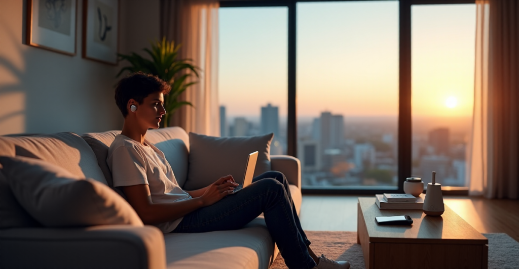 "A young adult relaxes on a couch amidst cutting-edge 5G gadgets and AI automation devices in a serene living room with a cityscape view at sunset."