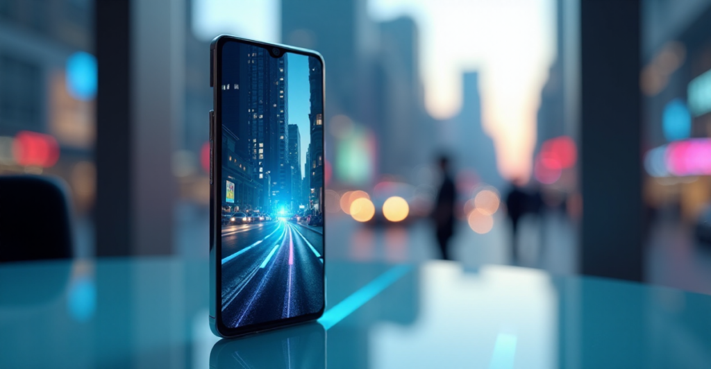 "A sleek silver smartphone on a glass table, showcasing cutting-edge tech like AI-powered assistants and AR experiences, set against a blurred cityscape at sunset."