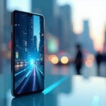 "A sleek silver smartphone on a glass table, showcasing cutting-edge tech like AI-powered assistants and AR experiences, set against a blurred cityscape at sunset."