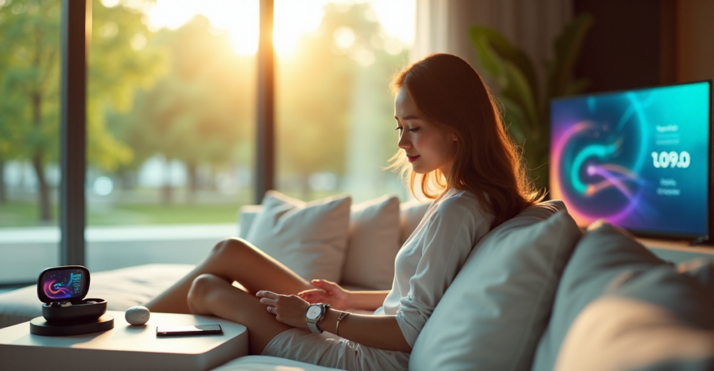 "A young woman relaxes on a white couch surrounded by cutting-edge 5G devices in a serene modern living room with lush park views."