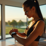 "A young woman tracks her fitness metrics with top 5G connectivity gadgets in a serene, high-tech living room setting."