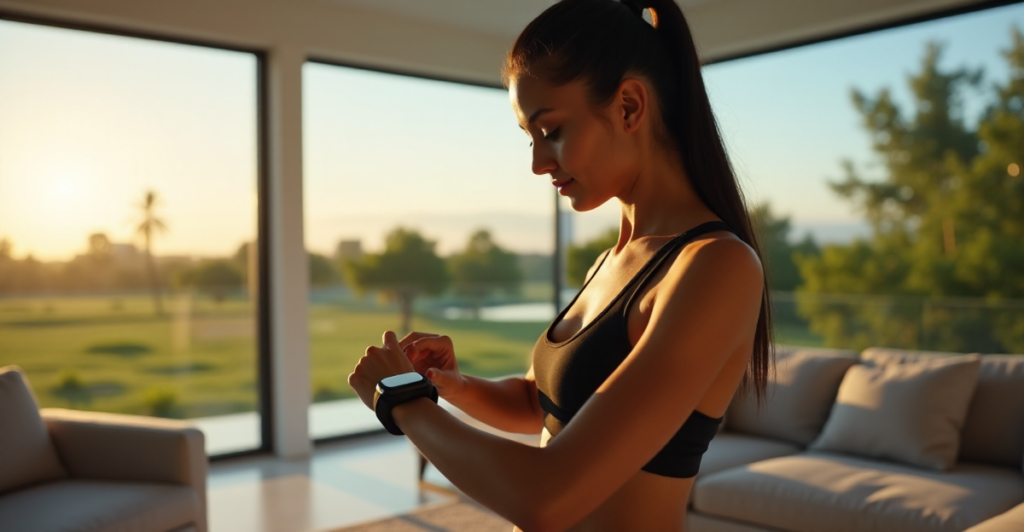 "A young woman tracks her fitness metrics with top 5G connectivity gadgets in a serene, high-tech living room setting."