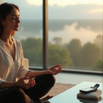 "A serene woman meditates on a minimalist couch amidst lush greenery, surrounded by cutting-edge gadgets like a sleek smartphone and smartwatch."